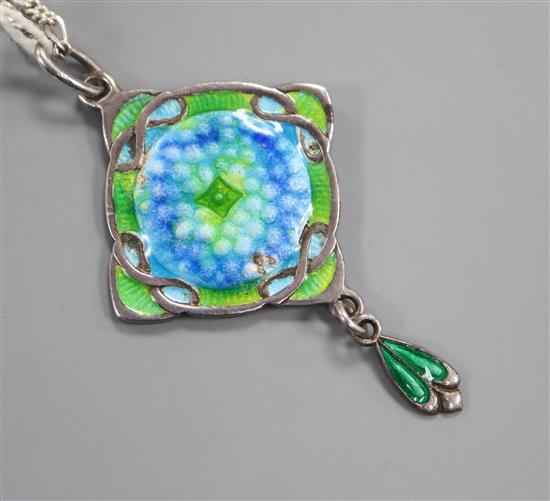 An Edwardian Art Nouveau silver and enamel drop pendant, James Fenton & Co, Birmingham, 1908, on a later 925 chain, pendant 45mm.